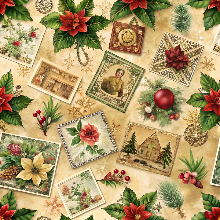 Christmas Vintage with Floral Motifs and Holiday Frames seamless PBR texture preview