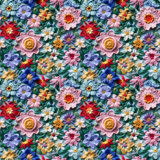 Seamless 3D PBR Texture of Vibrant Multi-Colored Embroidered Floral Pattern