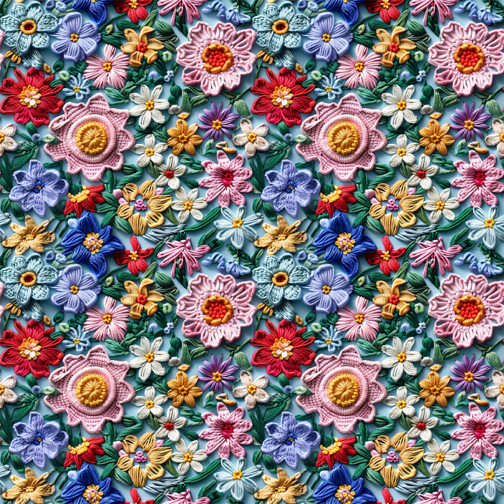 Vibrant Multi-Colored Embroidered Floral Pattern seamless PBR texture preview