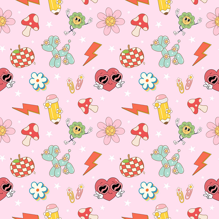 Pattern Featuring Playful Retro Cartoon Motifs on Pink seamless PBR texture preview