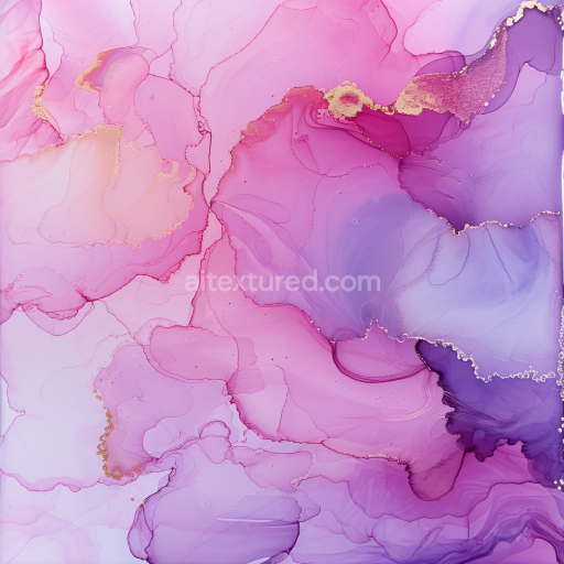 Seamless 3D Alcohol Ink PBR Texture Featuring Pink and Purple Fluid Swirls with Gold Veining