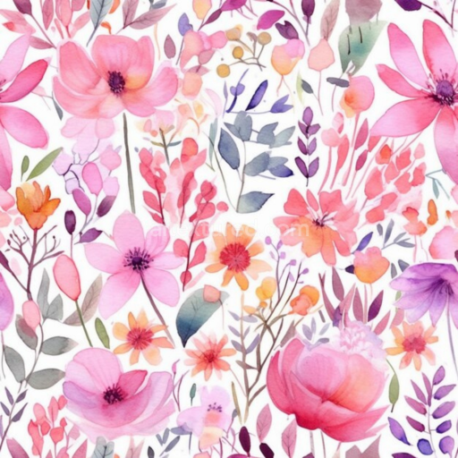 Seamless 3D PBR Texture of Hand-Painted Pink and Purple Watercolor Flowers