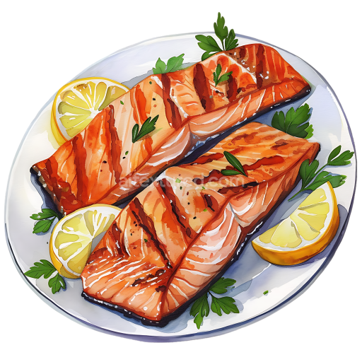 Grilled Salmon Breakfast Plate Illustration with Lemon and Parsley