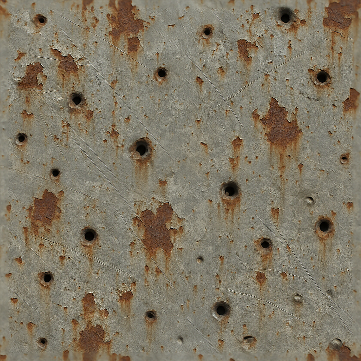 Bullet Holes And Rust Flakes With Scratched Metal And Surface Rust Effe… seamless PBR texture preview
