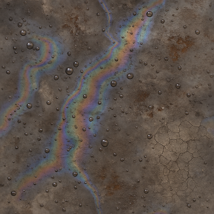 Oil Slick And Oil Stains With Water Droplets And Wet Marks For Slick Su… seamless PBR texture preview