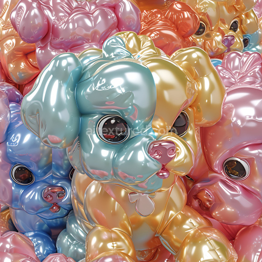 Seamless 3D Inflated PBR Texture Featuring Glossy Multicolor Inflated Puppy Forms
