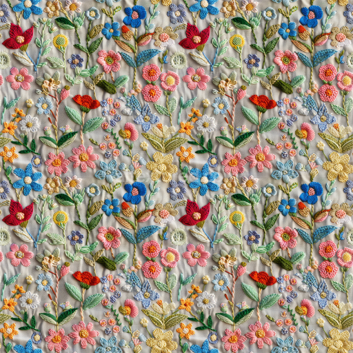 Seamless 3D PBR Embroidered Floral Fabric Texture with Multicolor Flowers