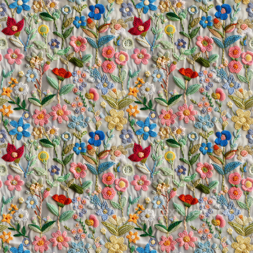 Embroidered Floral Fabric Texture with Multicolor Flowers seamless Embroidered floral PBR texture