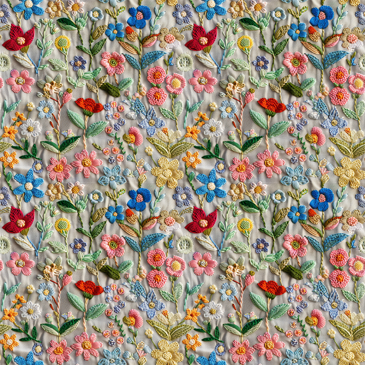Embroidered Floral Fabric with Multicolor Flowers seamless PBR texture preview