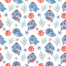 Seamless 3D Pattern PBR Texture with Playful Cartoon Whales and Marine Motifs texture preview