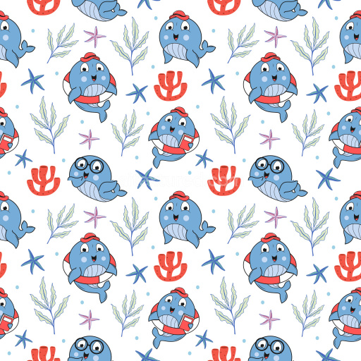 Pattern Bundle - Seamless 3D Pattern PBR Texture with Playful Cartoon Whales and Marine Motifs texture preview