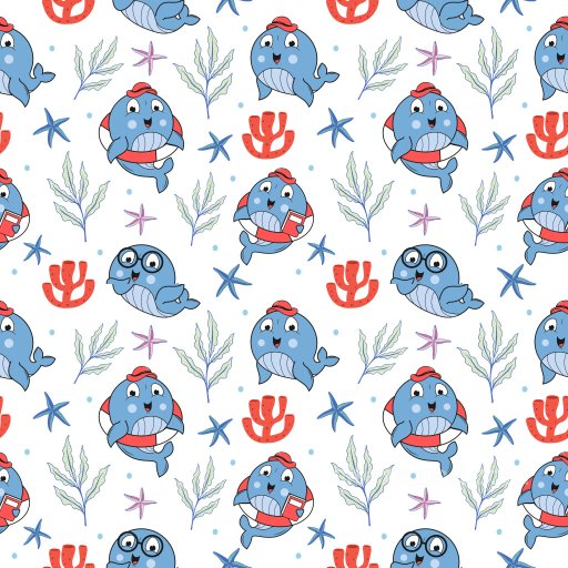 Pattern PBR Texture with Playful Cartoon Whales and Marine Motifs seamless Pattern Bundle PBR texture