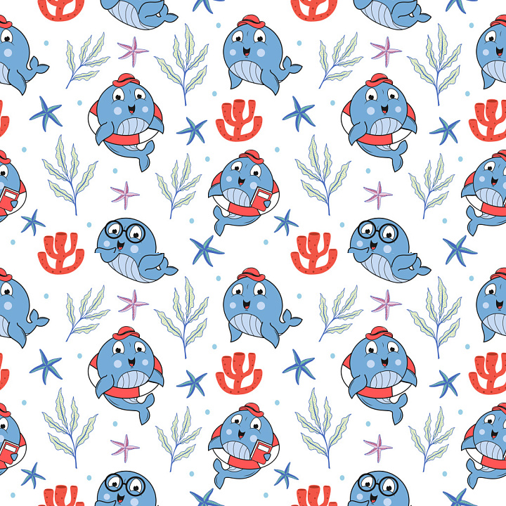 Pattern with Playful Cartoon Whales and Marine Motifs seamless PBR texture preview