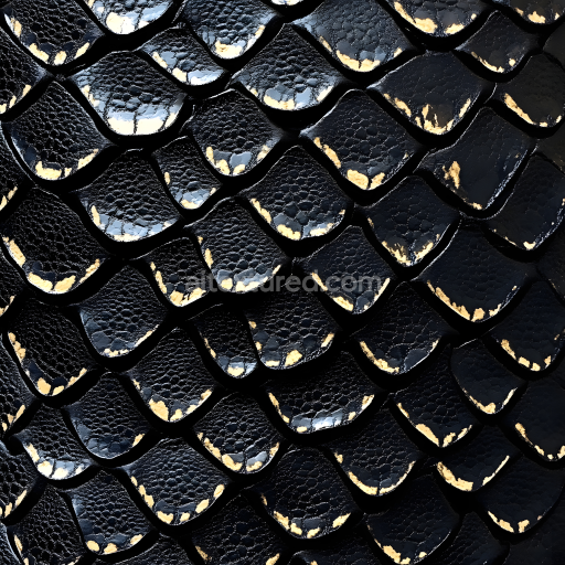 Seamless 3D reptilian scale PBR texture with glossy black and gold detailing