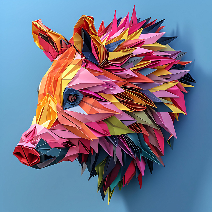 Animal of Collared Peccary Origami with Bright Multicolor Paper Folds seamless PBR texture preview