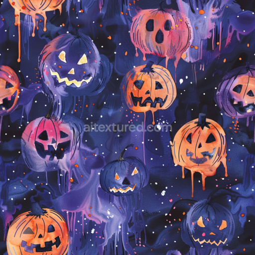 Seamless 3D PBR Texture Featuring Watercolor Halloween Pumpkins in Blue and Orange