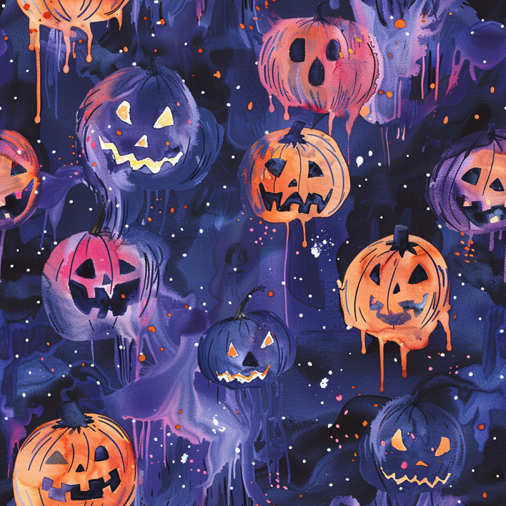 Watercolor Halloween with Dripping Jack-o'-Lanterns seamless PBR texture preview