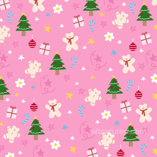 Christmas Pink Festive Pattern Texture with Gingerbread and Trees seamless Christmas Pink PBR texture