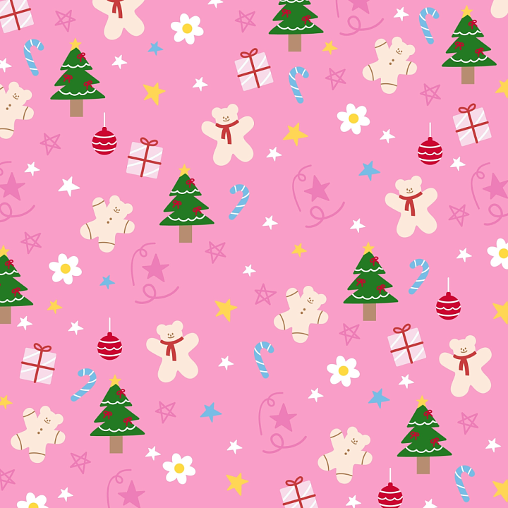 Christmas Pink Festive Pattern with Gingerbread and Trees seamless PBR texture preview