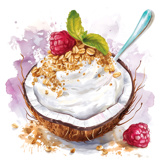 Breakfast Coconut Yogurt Bowl with Granola and Fresh Raspberry Illustration