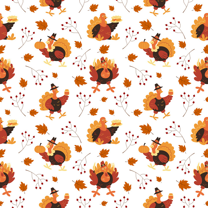 Pattern with Festive Turkey Motifs and Autumn Leaves seamless PBR texture preview