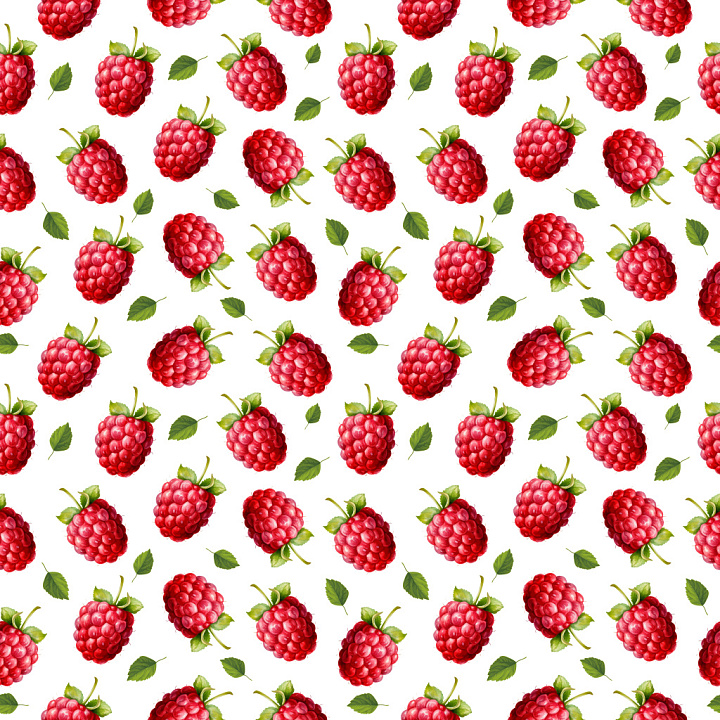 Pattern Featuring Realistic Red Raspberry Motifs with Green Leaves seamless PBR texture preview