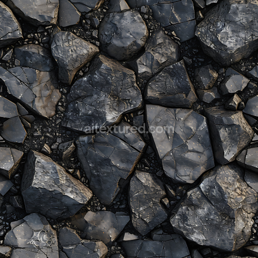 Seamless 3D fractured basalt rock ground PBR texture with dark cracked stones