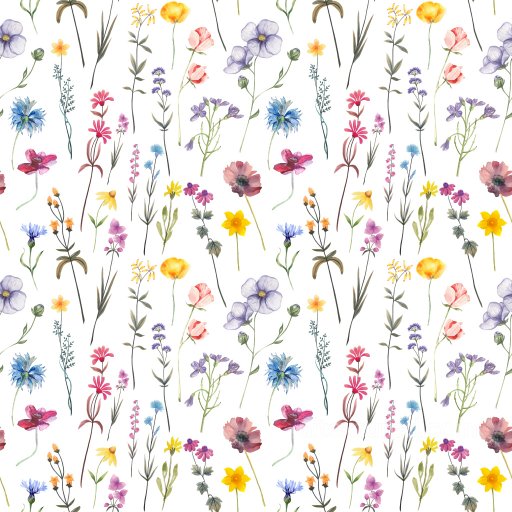 Seamless 3D Pattern PBR Texture Featuring Delicate Watercolor Wildflower Botanicals on Wh… texture preview