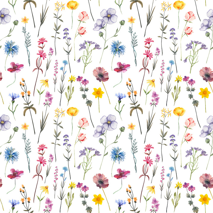 Pattern Featuring Delicate Watercolor Wildflower Botanicals on White Ba… seamless PBR texture preview