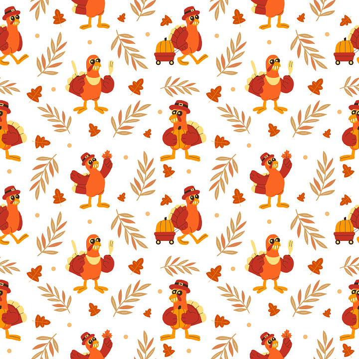Pattern Featuring Playful Cartoon Turkeys with Autumn Leaves seamless PBR texture preview