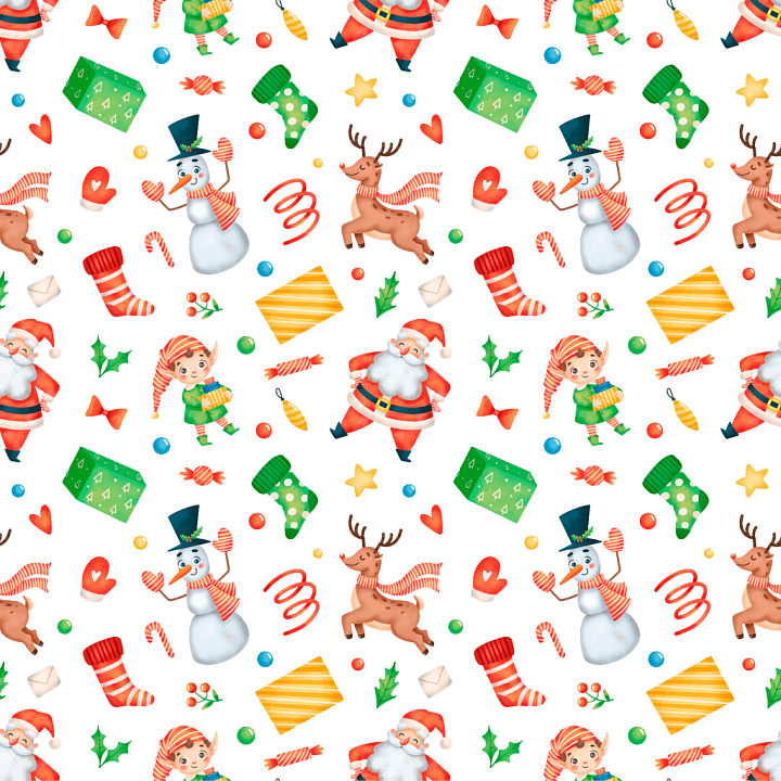 Christmas Digital Paper Featuring Santa, Snowman, and Holiday Icons seamless PBR texture preview