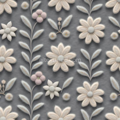 Seamless 3D PBR Texture of Soft Gray Embroidered Floral Fabric with Plush Details