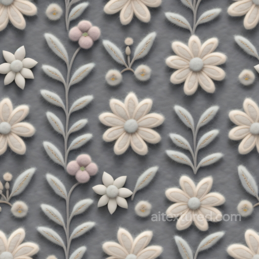 Soft Gray Embroidered Floral Fabric Seamless Texture with Plush Details seamless Embroidered floral PBR texture