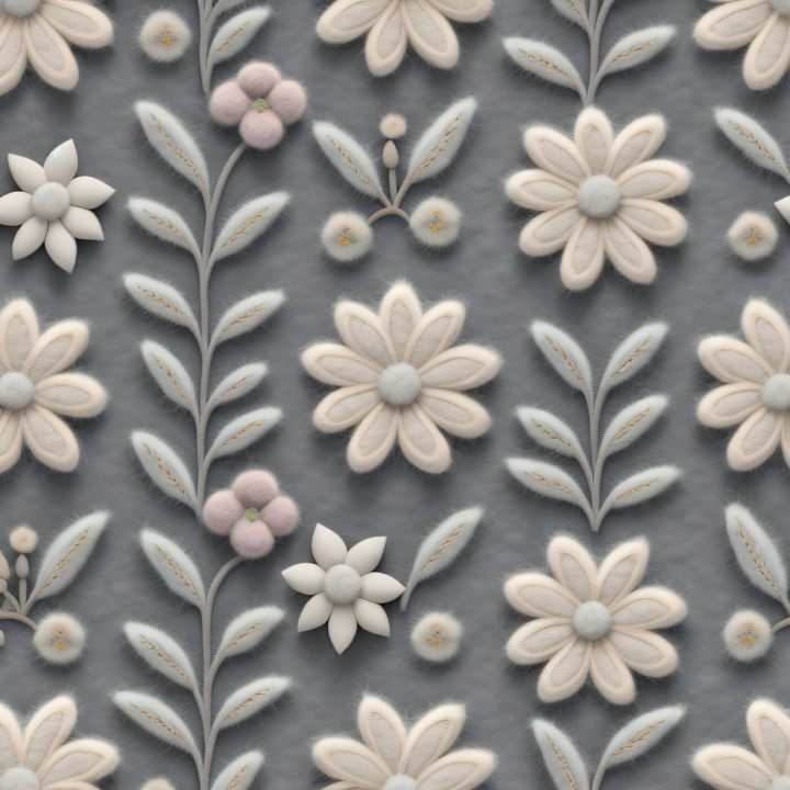 Soft Gray Embroidered Floral Fabric with Plush Details seamless PBR texture preview