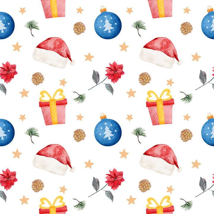Pattern Featuring Watercolor Christmas Icons & Festive Motif Repeat seamless PBR texture preview