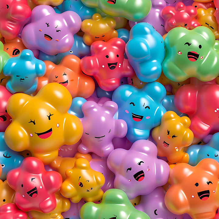 Inflated Featuring Colorful Puffy Cartoon Star Shapes with Playful Faces seamless PBR texture preview