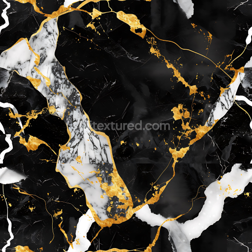 Seamless 3D Black Marble PBR Texture with Elegant Gold Veins and White Highlights