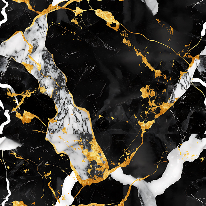 Black Marble with Elegant Gold Veins and White Highlights seamless PBR texture preview