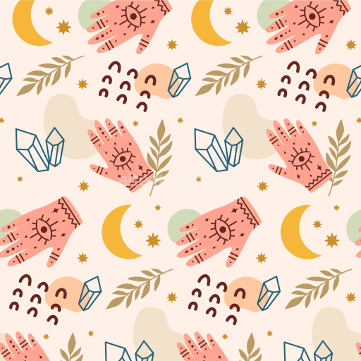 Seamless 3D PBR Boho Fabric Texture with Mystic Hand and Geometric Symbols