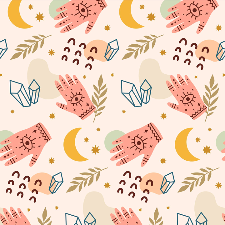 Boho Fabric with Mystic Hand and Geometric Symbols seamless PBR texture preview