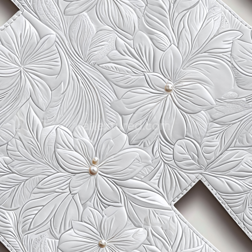 Preview — Seamless 3D embossed white leather PBR texture with detailed floral patterns and pearl accents