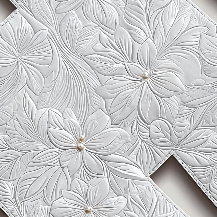 Embossed White Leather With Detailed Floral Patterns And Pearl Accents seamless PBR texture preview