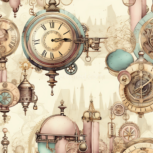 Seamless 3D PBR Texture of Vintage Clockwork and Steampunk Elements in Soft Pastels