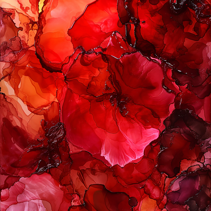 Alcohol Ink with Red and Burgundy Fluid Marbling and Flowing Layers seamless PBR texture preview