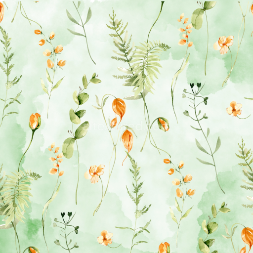 Seamless 3D PBR Watercolor Greenery Texture with Delicate Orange Flowers and Leaves