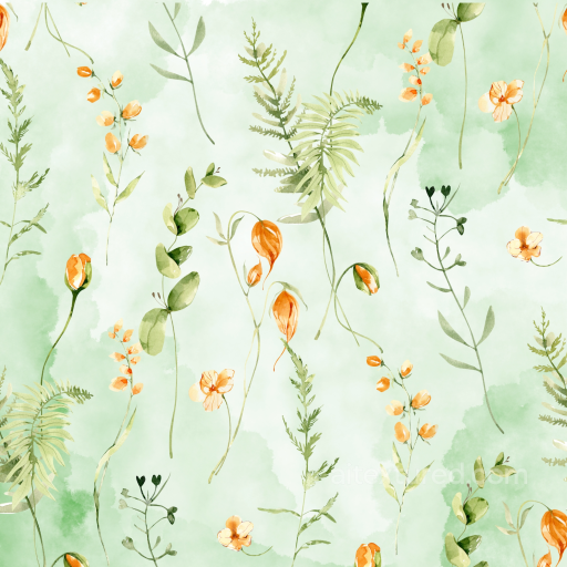 Watercolor Greenery Texture with Delicate Orange Flowers and Leaves seamless watercolor greenery  PBR texture