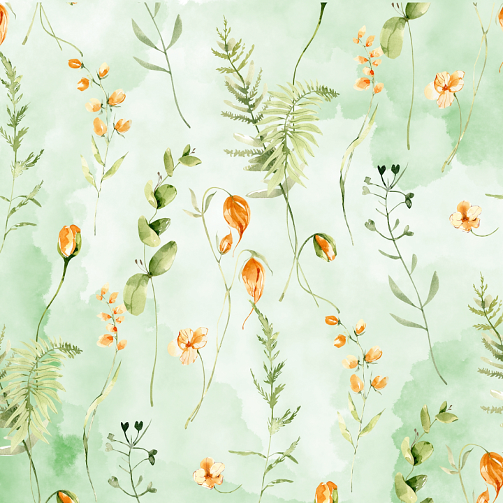 Watercolor Greenery with Delicate Orange Flowers and Leaves seamless PBR texture preview