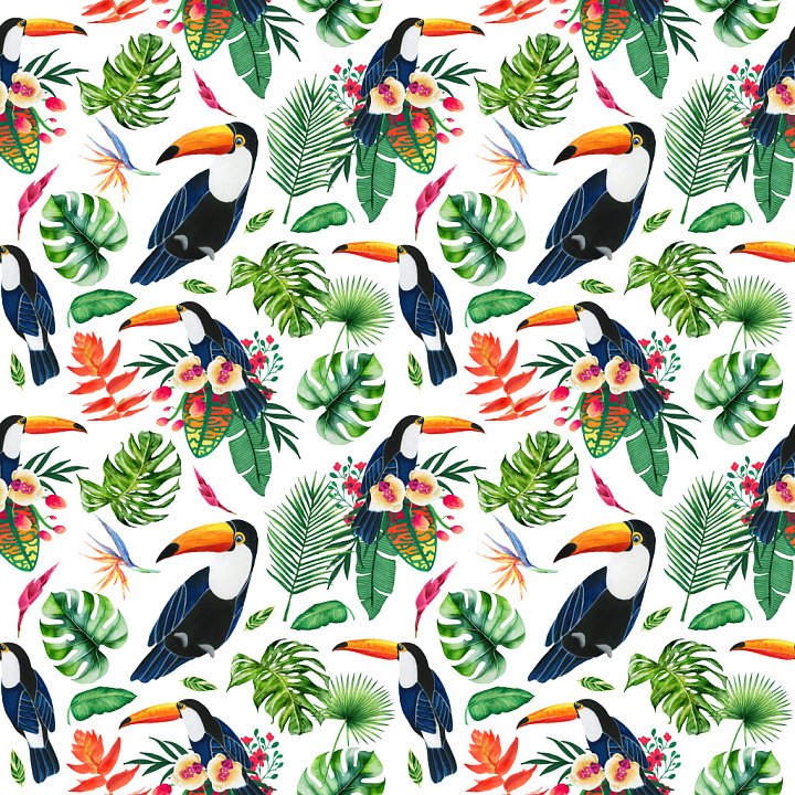 Pattern with Vibrant Tropical Toucans and Lush Greenery seamless PBR texture preview