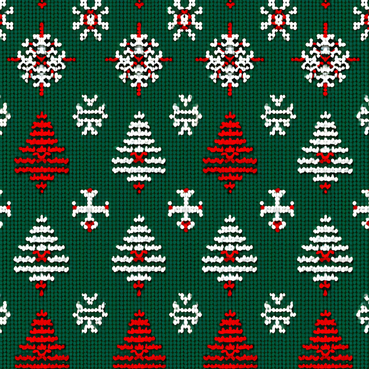 Knitted Christmas Pattern with Red and White Tree Motifs on Green Backg… seamless PBR texture preview