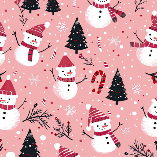 Seamless 3D PBR Christmas Digital Paper Texture Featuring Snowmen and Festive Elements on Pink